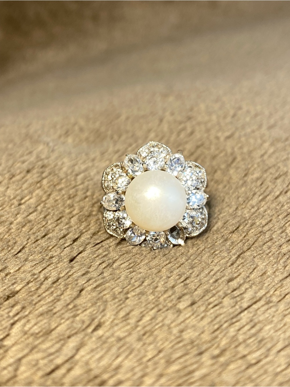 Vintage Pearl and Clear Crystal Ring Size 7 For Women